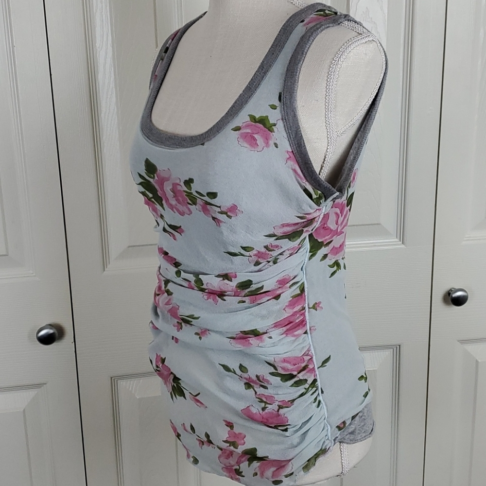 loral Ruched Side Tank Top Light Blue Pink Roses Size Medium